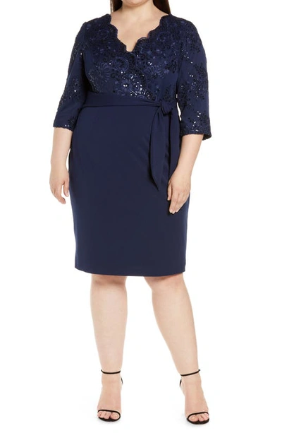 Alex Evenings Sequin Lace Bodice Cocktail Dress In Navy