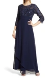 Alex Evenings Sequin Embroidered Bodice Empire Waist Gown In Navy