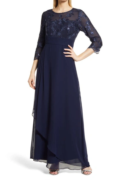Alex Evenings Sequin Embroidered Bodice Empire Waist Gown In Navy