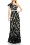 Mac Duggal Embroidered Ruffled One Shoulder Lace Up Gown In Black Multi