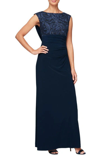 Alex Evenings Sequin Floral Bodice Cowl Back Gown In Navy