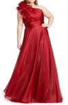 Mac Duggal Plus Size Chiffon Ruffle One-shoulder Gown In Garnet