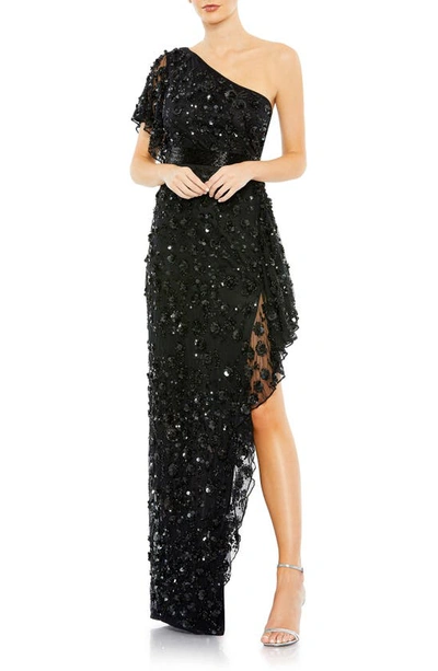 Mac Duggal Beaded Sequin One-shoulder Gown W/ 3d Flowers In Black