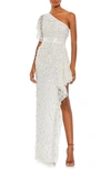 Mac Duggal Beaded Sequin One-shoulder Gown W/ 3d Flowers In White