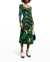 Ganni Palm Print Long Sleeve Gathered Jersey Dress In Black