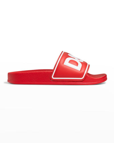Dolce & Gabbana Boys Teen Red Leather Sliders In Red/ White
