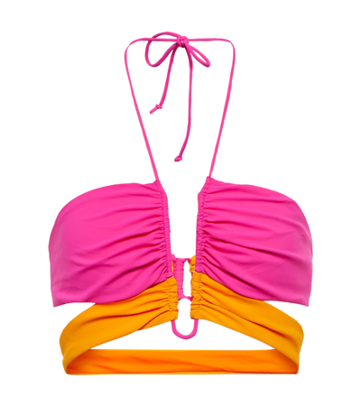 Nensi Dojaka Ruched Halterneck Bikini Top In Pink Orange