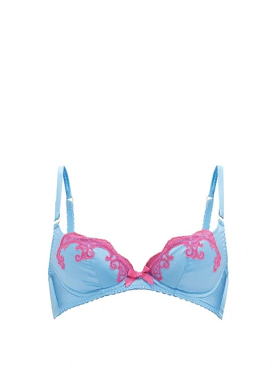 Agent Provocateur Molly Leavers Lace-trimmed Stretch-silk Satin Underwired Bra In Blue Pink