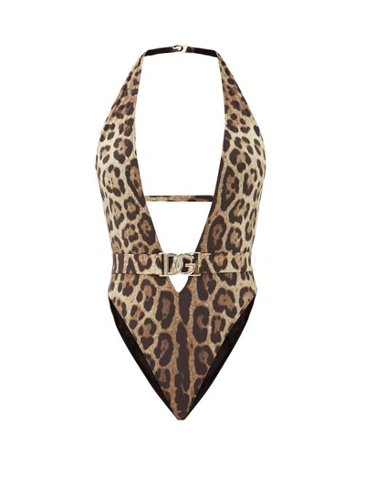 Dolce & Gabbana Plunge-neck Leopard-print High-leg Swimsuit In Brown