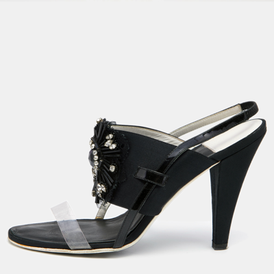 Pre-owned Chanel Black Satin And Pvc Embellished Slingback Sandals Size 40