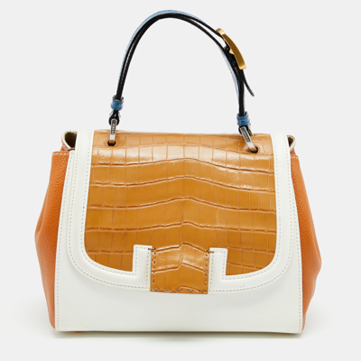 Pre-owned Fendi Multicolor Leather And Crocodile Silvana Top Handle Bag