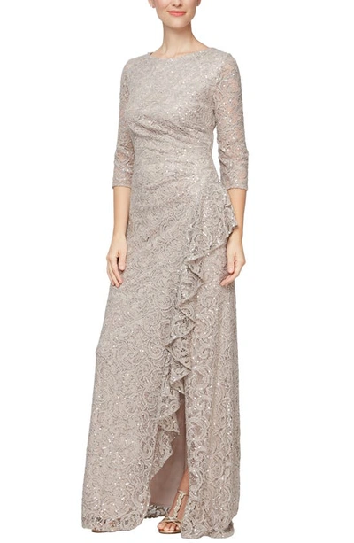 Alex Evenings Petite Sequined Lace Gown In Buff