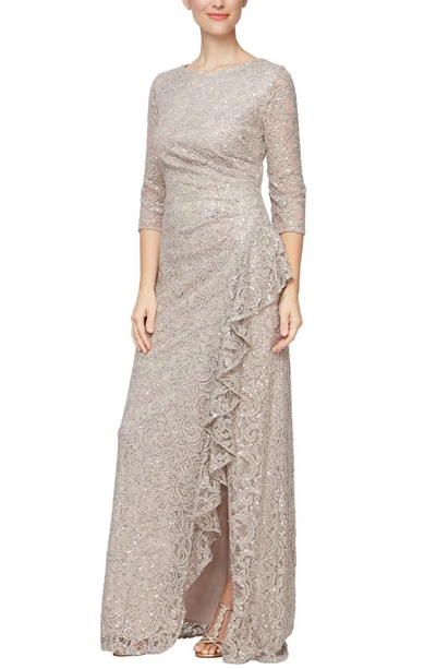 Alex Evenings Petite Sequined Lace Gown In Beige