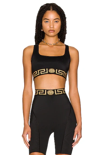 Versace Black Sports Bra With Greca And Medusa Detail In Stretch Cotton