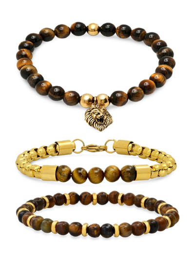 Anthony Jacobs Men's 3-piece 18k Goldplated & Tiger Eye Beaded Bracelet Set In Neutral