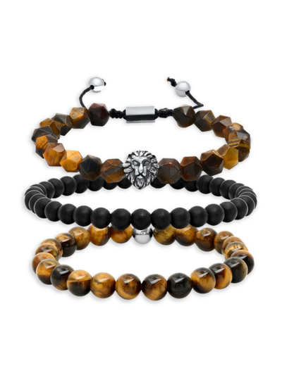 Anthony Jacobs Men's 3-piece Stainless Steel, Tiger's Eye & Lava Bead Bracelet Set In Neutral