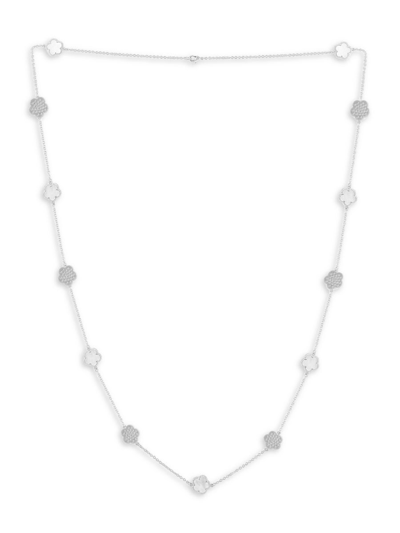Jan-kou Women's Flower Rhodium Plated, Mother-of-pearl & Cubic Zirconia Station Necklace In Brass