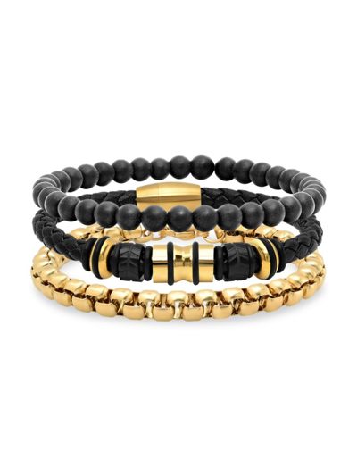 Anthony Jacobs Men's 18k Goldplated Stainless Steel And Black Lava Beaded Bracelet Set