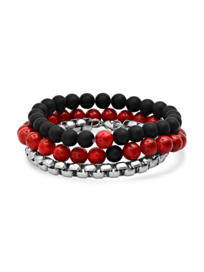 Anthony Jacobs Men's 3-piece Stainless Steel, Black Lava & Red Agate Bracelet Set