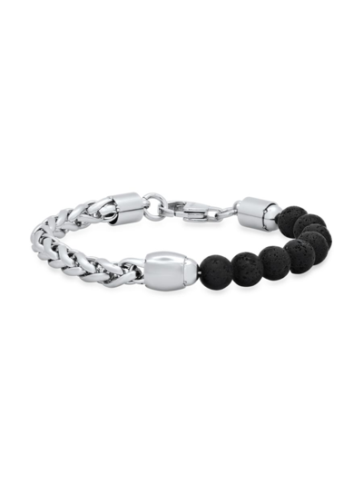 Anthony Jacobs Men's Stainless Steel & Black Lava Beads Wheat Link Chain Bracelet