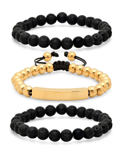 Anthony Jacobs Men's 3-piece 18k Goldplated Stainless Steel & Black Lava Beaded Bracelet Set