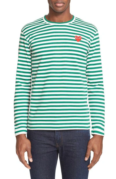 Comme Des Garçons Play Green & White Striped Heart Patch Long Sleeve T-shirt