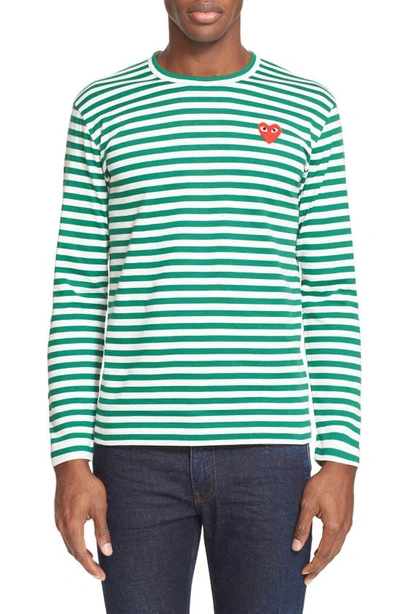 Comme Des Garçons Play Green & White Striped Heart Patch Long Sleeve T-shirt In Green/ White