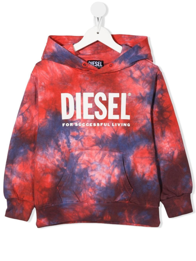 Diesel Teen Sdell Tie-dye Hoodie In Red/blue