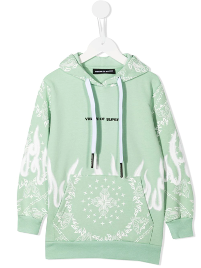 Vision Of Super Kids' Spray Flames Bandana-print Hoodie In Green
