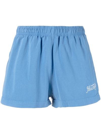 Sporty And Rich Rizzoli Logo-print Cotton Shorts In Cornflower Blue White