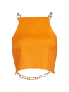 Cult Gaia Joey Cropped Open-back Chain-embellished Linen-blend Top In Orange