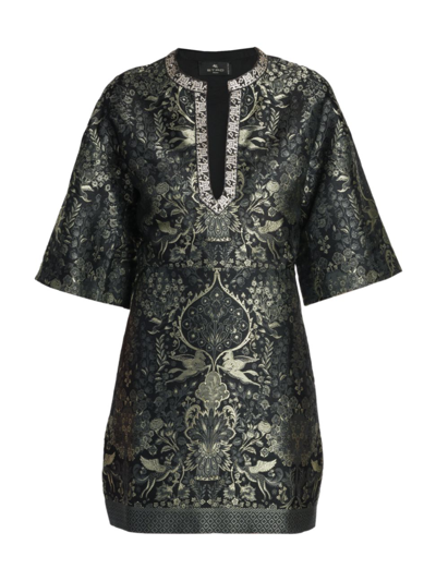 Etro Jacquard Dress With Mythological Floral Designs In Nero Black