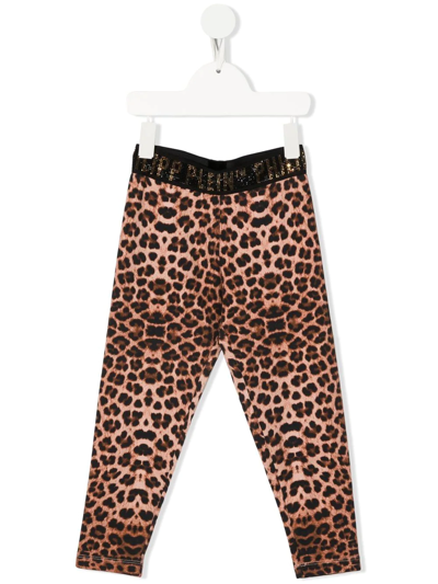 Philipp Plein Junior Kids' Leopard-print Rhinestone-logo Trousers In Brown