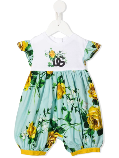 Dolce & Gabbana Babies' Floral-print Cotton Rompers In Green