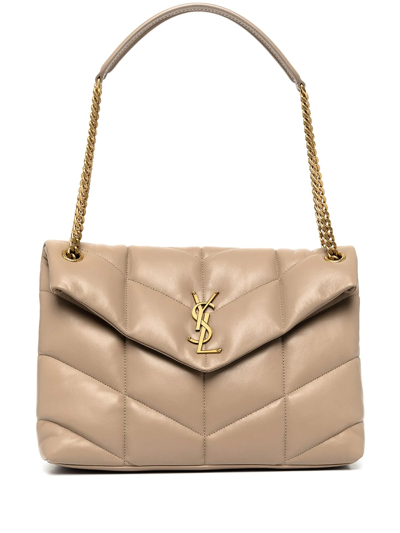 Saint Laurent Loulou Puffer Medium Ysl Flap Shoulder Bag In Dark Beige