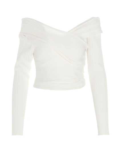 Herve Leger Cropped Off-the-shoulder Draped Ribbed-knit Top In White