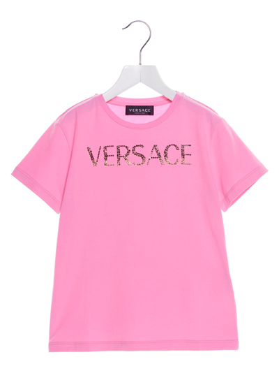 Versace Kids' Rhinestone Logo T-shirt In Pink