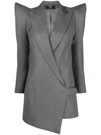 Balmain Exaggerated-shoulder Wraparound Blazer In Grey