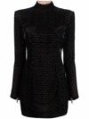 Balmain Monogram Patterned Flocked Mesh Sheath Dress In Black