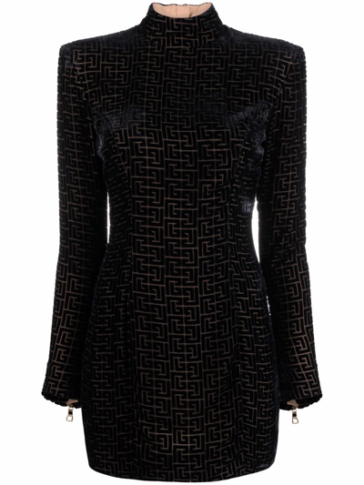 Balmain Monogram Patterned Flocked Mesh Sheath Dress In Black