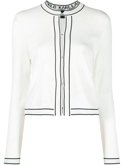 Karl Lagerfeld Logo-embellished Stripe-trim Cardigan In Off White