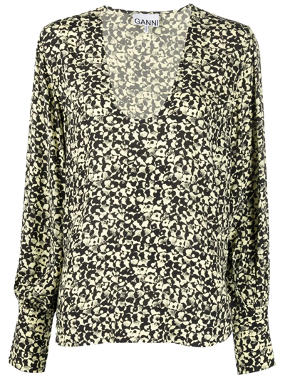 Ganni Abstract-print Blouse In Black