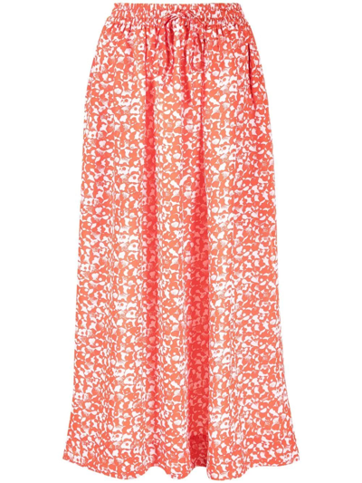 Ganni Print Light Crepe Pull-on Midi Skirt In Mini Floral Orange