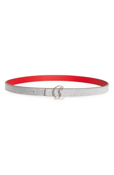 Christian Louboutin Cl Glitter Leather Skinny Belt In Silver/ Silver
