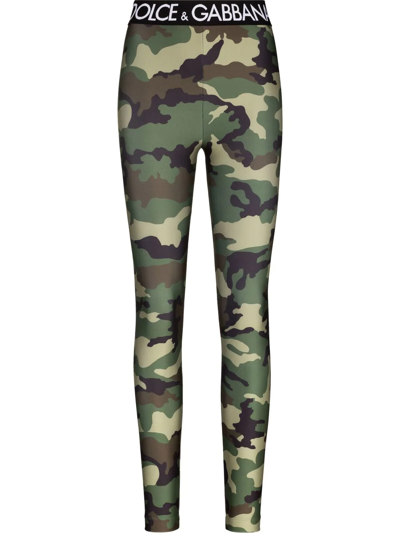 Dolce & Gabbana Logo-waistband Camouflage-print Leggings In Green,brown,black