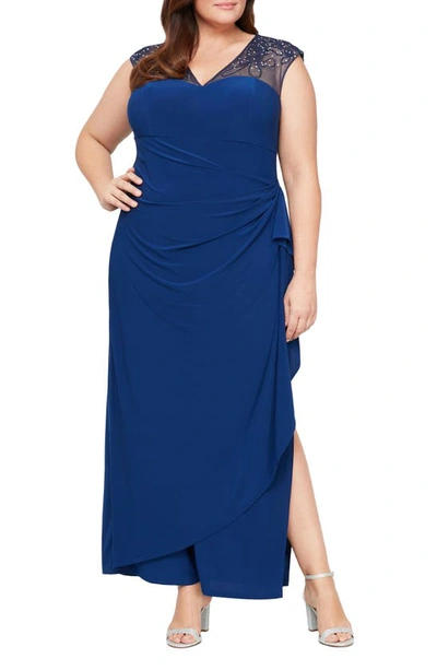 Alex Evenings Illusion Lace Detail Empire Waist Gown In Royal