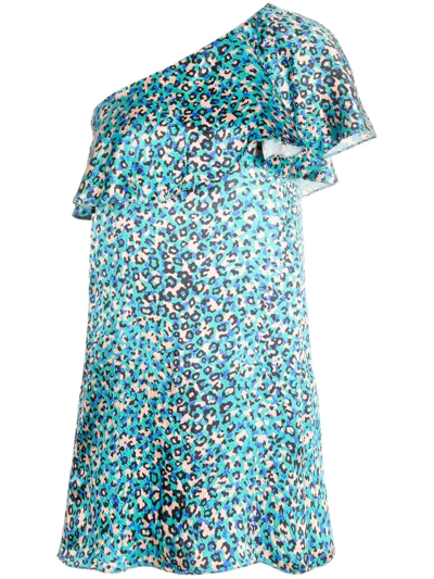 Saint Laurent Leopard-print One-shoulder Dress In Turquoise