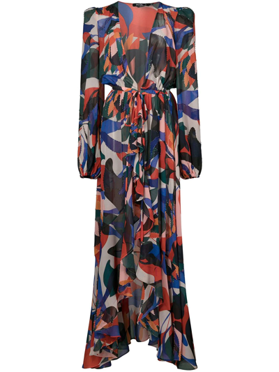 Patbo Protea Beaded Tie-front Long Coverup Dressing Gown In Poppy