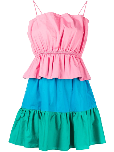 Milly Nina Tiered Colorblock Mini Dress In Peony/blue Multi