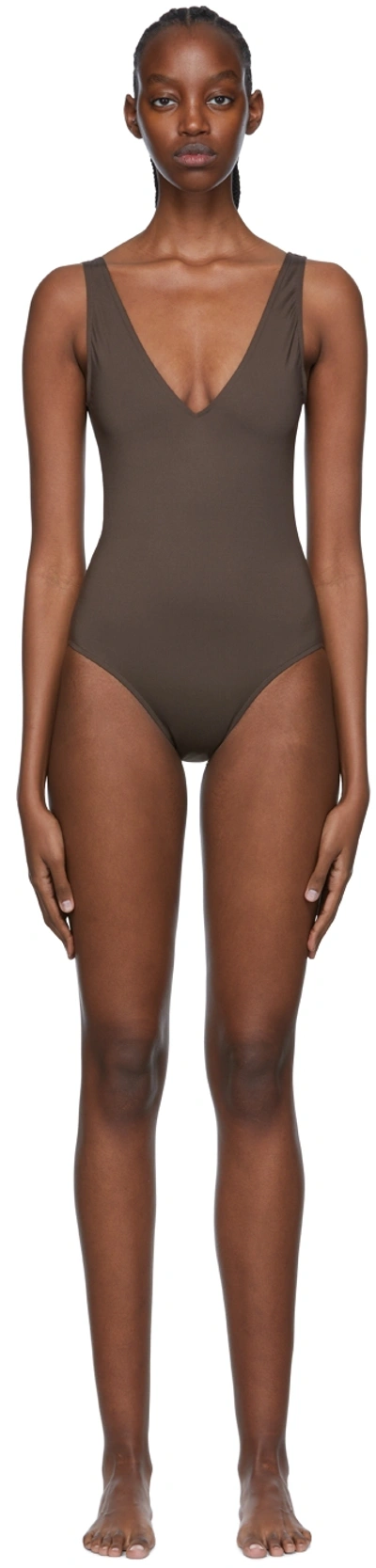 Asceno Comporta Dusk Brown V-neck Swimsuit In Printed